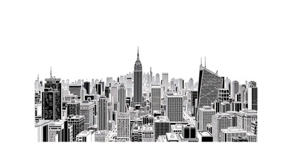Obraz premium Monochrome vector illustration of a modern city skyline, with towering skyscrapers and intricate architectural designs, symbolizing dynamic urban development and a vibrant metropolitan pulse