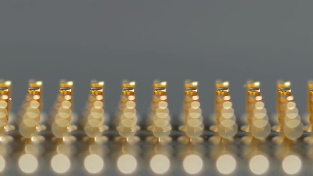 Close-Up of Tiny Gold Connectors on DIMM Memory Module with Soft Background Focus