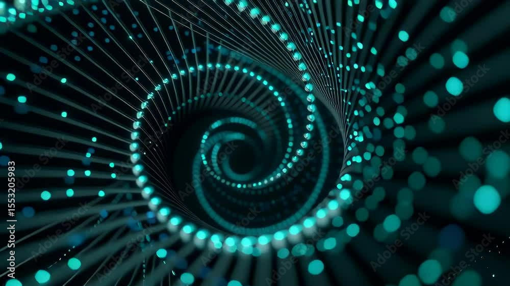Poster spiraling neon cyan data helix close up with dynamic light reflection and depth