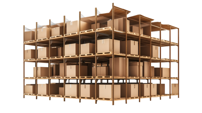 Warehouse shelving with cardboard boxes stacked, perfect for storage or logistics concepts, a realistic rendering against a black backdrop, transparent background