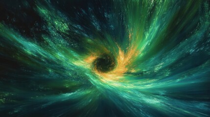 Naklejka premium Swirling cosmic vortex with vibrant green, blue, and yellow light streaks creating a dynamic and mysterious space phenomenon