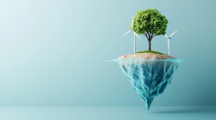 A floating island with a green tree and wind turbines symbolizes renewable energy and environmental sustainability against a soft blue background.