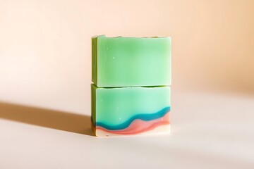 3D-rendered eco-friendly soap bars arranged on a lush green backdrop, emphasizing natural ingredients, sustainable skincare, and environmentally conscious personal care products