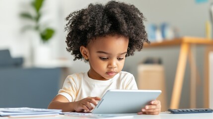 Smart african american preschool girl using digital tablet sitting at desk, doing homework or playing educational games at home, early development, modern technologies in education concept