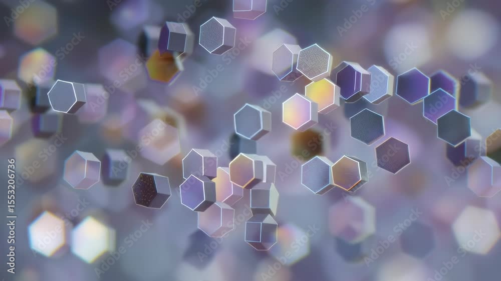 Poster Close Up of Rotating Hexagonal Clusters in Electronic Background with Colorful Bokeh Effects