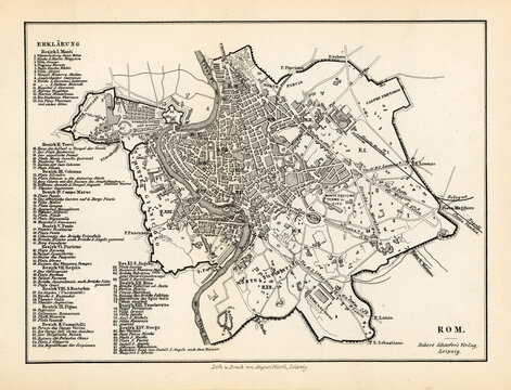 Munich, Germany, June 26, 2025: antique city map of Rome, Italy, from an old travel guide by Emil J. Jonas published in 1873 / late 19th century
