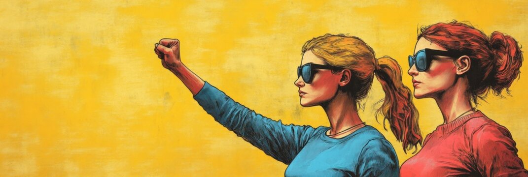Two confident women wearing sunglasses facing right, one with a raised fist against a textured yellow background expressing strength and solidarity