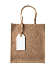 Brown burlap bag with a blank white tag for branding and marketing on transparent background