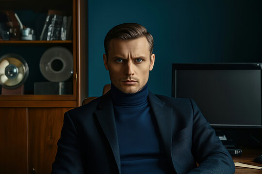 Portrait of man staring straight at the camera, dressed in a navy blue turtleneck and blazer, sitting in an office with various devices and furniture visible in the background