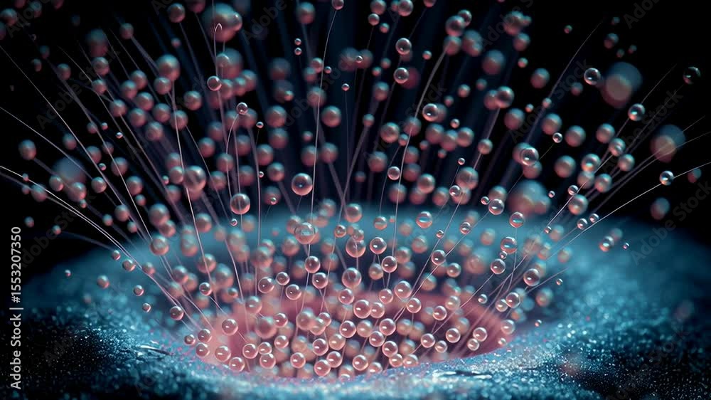 Poster close-up view of splitting microcapsule revealing luminescent particles in dark background