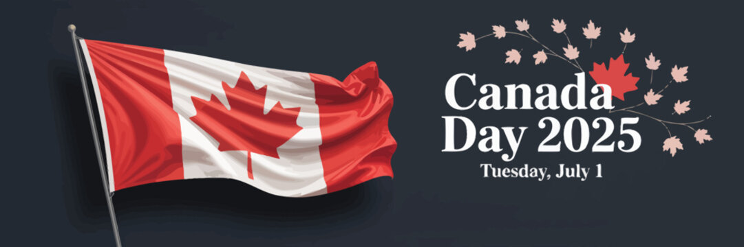 canada day 2025 celebration with canadian flag waving on dark background, maple leaves scattered, patriotic graphic design - Powered by Adobe