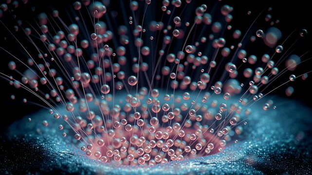 Close-Up View of Splitting Microcapsule Revealing Luminescent Particles in Dark Background