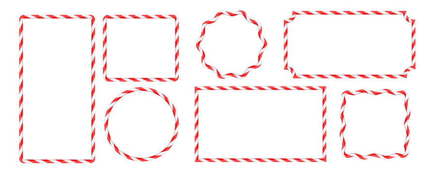 Set of Christmas candy cane figure frames with red and white stripes. Drawing of striped Christmas candy canes . New Year template with space for text .Vector illustration isolated on white background