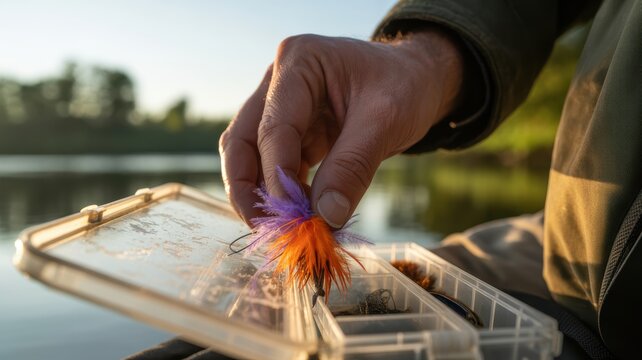 Caucasian male hand selecting colorful fishing fly lure from tackle box by tranquil lake