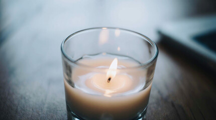 Microphotography of candle wax melting slowly on a wooden table, with warm ambient light casting soft shadows, extreme close-up of textured wax, glowing highlights, and cinematic shallow depth 