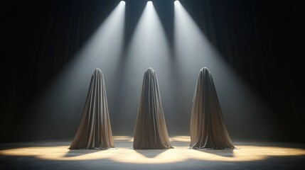Three figures draped in white sheets standing under separated spotlights on a dark stage creating a mysterious and eerie atmosphere