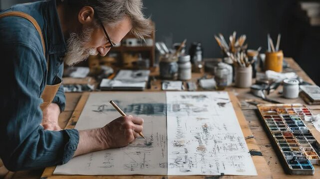 Artistic Vision: A seasoned artist, deeply immersed in his craft, meticulously sketches at his well-worn drawing board, his passion for art evident in every stroke.