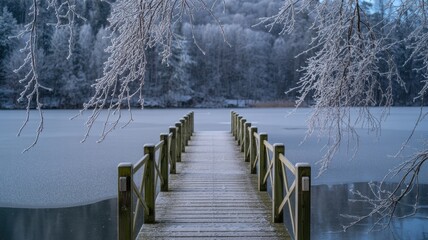 Wintry wooden pier leading to frozen lake surrounded by frost-covered trees