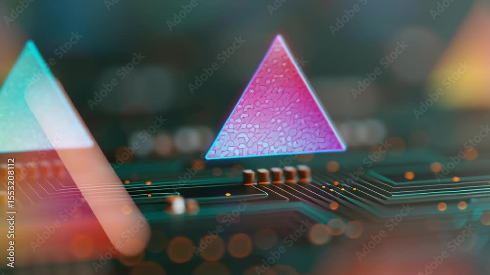Poster close-up of floating holographic triangles above a circuit board with vibrant colors and patterns