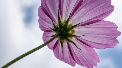 Close-up view of pink cosmos flower against blue sky
