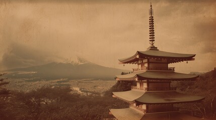 Fototapeta premium old worn vintage sepia toned polaroid photo of Chureito Pagoda landmark, texture background