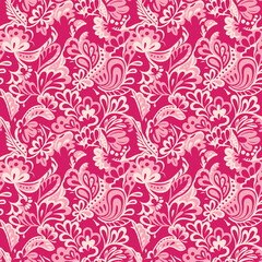 Ornate monochrome paisley floral pattern in shades of pink. This intricate, folk-art-inspired seamless design is ideal for feminine textiles, elegant wallpaper, gift wrap, and chic stationery