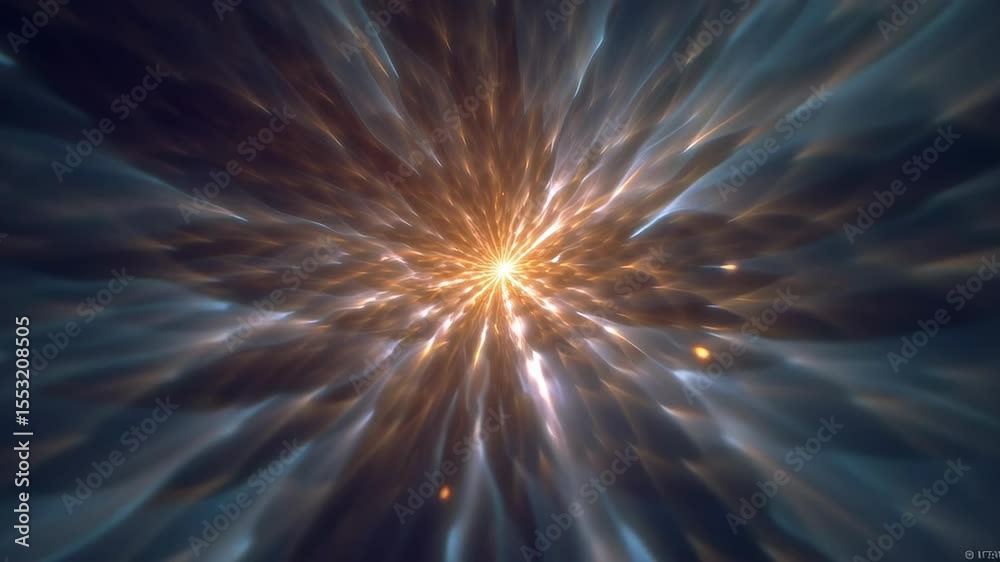 Poster converging fractal light beams creating a dynamic center illumination effect in dark space