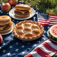 American Picnic Celebration with Burgers and Patriotic Decorations