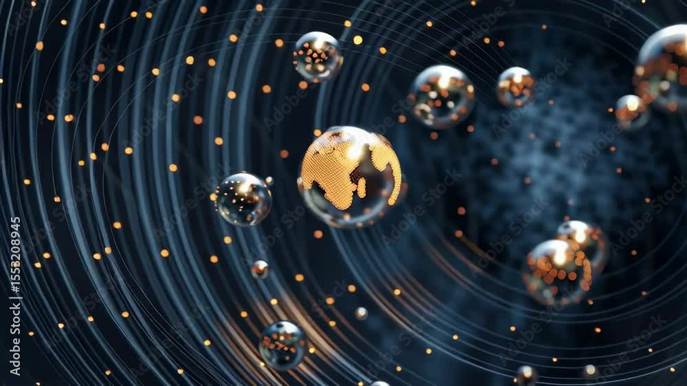 Poster metallic spheres floating in orbit with data stream background and close up view