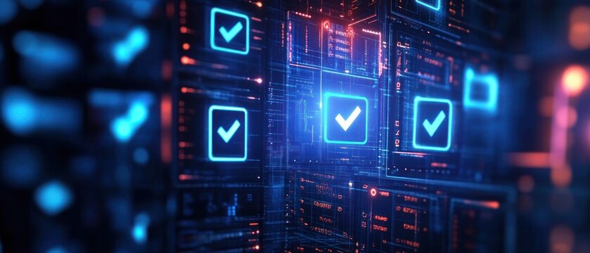 Futuristic digital interface with glowing blue checkmarks on holographic screens and complex network patterns conveying confirmation and security