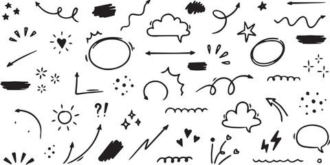 Line sketch star, arrow, heart decoration element icon set. Hand drawn sketch doodle cute star, emphasis, flower element text decoration shape vector illustration