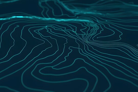 Abstract topographic map lines in glowing teal on dark blue background