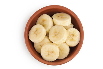 peeled banana pieces in ceramic bowl isolated on white background. Top view. Flat lay.