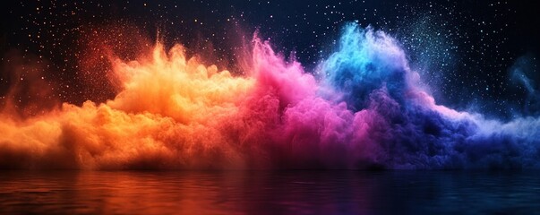 Fototapeta premium Vibrant multicolored powder clouds billowing over calm water under a starry night sky conveying energy and mystique