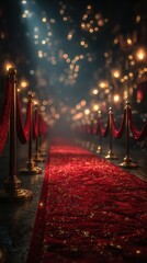 Luxurious red carpet entrance at a glamorous evening event with elegant lighting and festive atmosphere