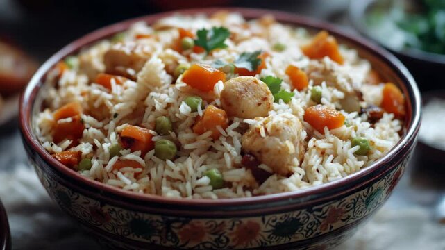 Aromatic, spicy Thai chicken rice dish with carrots and pepper served in a traditional soup bowl.