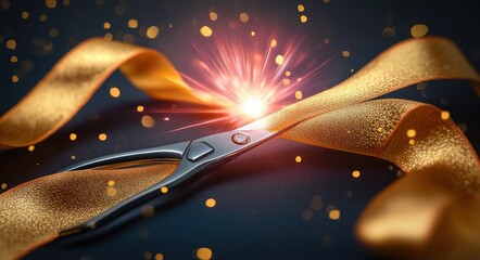 Close-up of shiny silver scissors cutting a glittery golden ribbon with sparkling light effects and warm bokeh in the background, evoking celebration and festivity