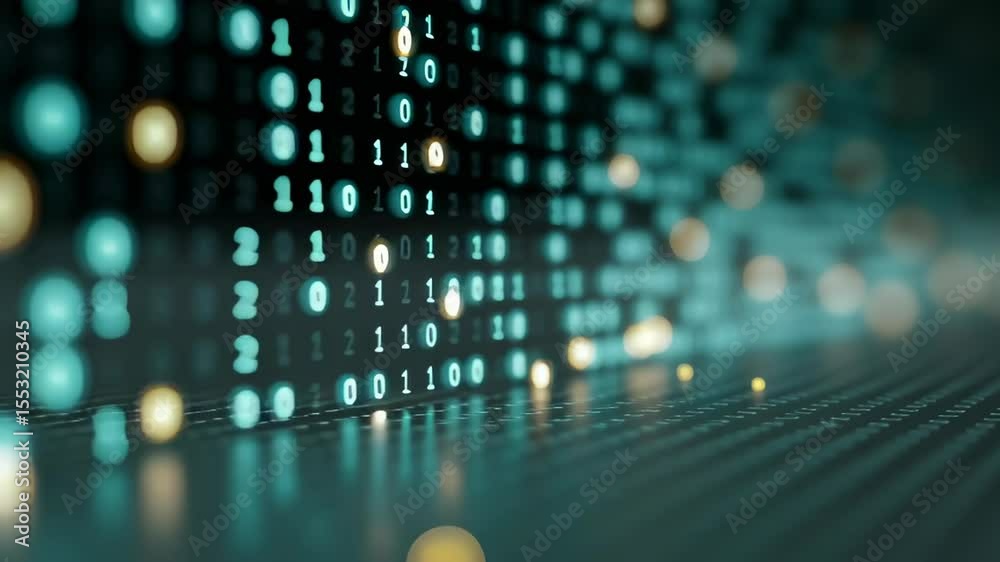 Poster Close Up of Binary Code Dropping on Glossy Surface with Blue and Green Color Tones