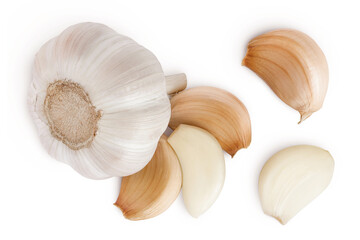whole garlic and cloves isolated on white background. Top view. Flat lay.