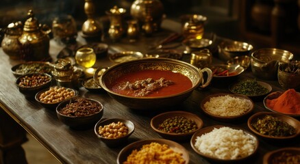 Elegant presentation of Arabic ingredients and traditional dishes, showcasing a rich culinary heritage in a warmly lit setting.