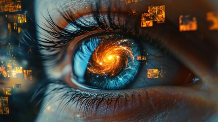 close-up of a human eye with a glowing galaxy spiral and digital squares reflected in the iris creating a futuristic and mysterious atmosphere