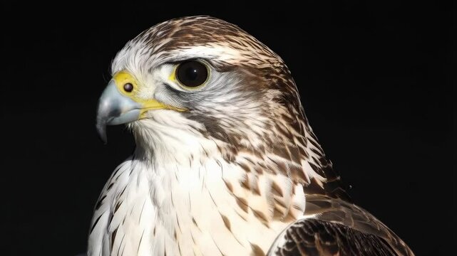 Detailed headshot of a Saker Falcon showcasing its brown speckled feathers, yellow beak, and intense gaze against a stark black background.