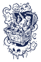 Fototapeta premium Hand-Drawn Illustration of a Treasure Chest with Spooky Elements and Ghosts