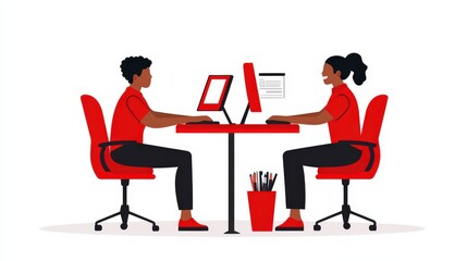 Two colleagues working at computers in a modern office space with red accents