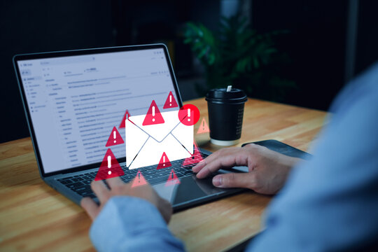 warning email icons cybersecurity alert, scam message digital interface displaying an email notification and security alerts in dark, high-tech environment.email threat, phishing attack, malware, data