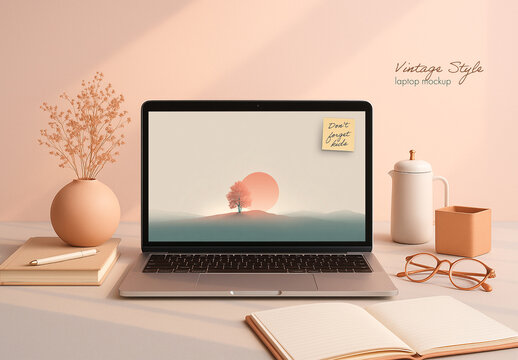 Vintage front view desk laptop mockup