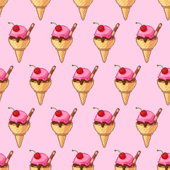 Seamless vector pattern of pixel art ice cream cones with cherry topping and wafer stick. Repeating retro dessert design on a pink background. Ideal for packaging, fabric, and summer-themed projects.