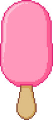 Pixel art illustration of a pink ice cream bar on a stick. Cute retro dessert in a vector format. Perfect for food design and summer themes.