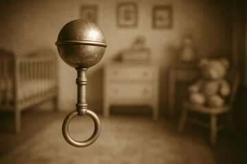 An antique baby rattle hangs in a sepia-toned nursery. Vintage feel creates a nostalgic and poignant mood. Postpartum depression.