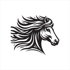 Stylized black and white illustration of a horse's head, mane flowing dynamically.